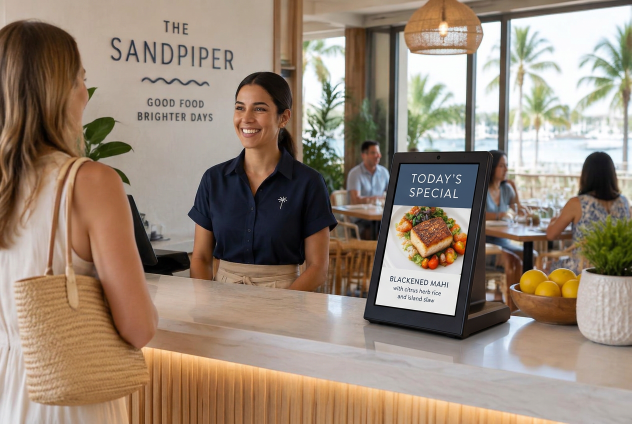 Compact Tabletop Impression Board on a South Florida restaurant host counter