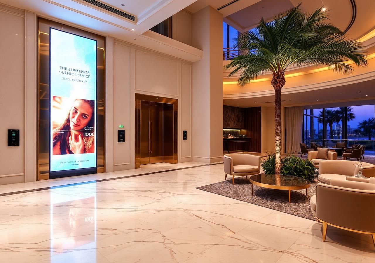 Digital screen in a luxury hotel lobby